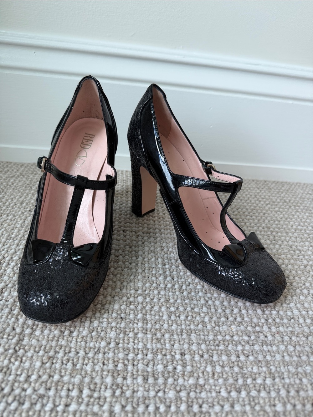 RED Valentino Black Glitter T-Strap Block Heel Pumps with Bow